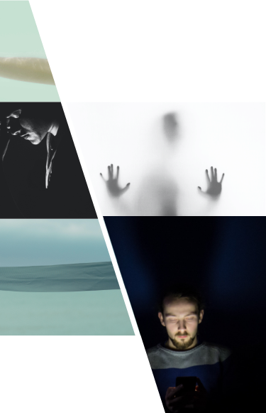 Auf der linken Seite befindet sich eine Foto Collage für depressive Stimmungen, auf der rechten eine Person im dunklem Raum alleine mit seinem Smartphone